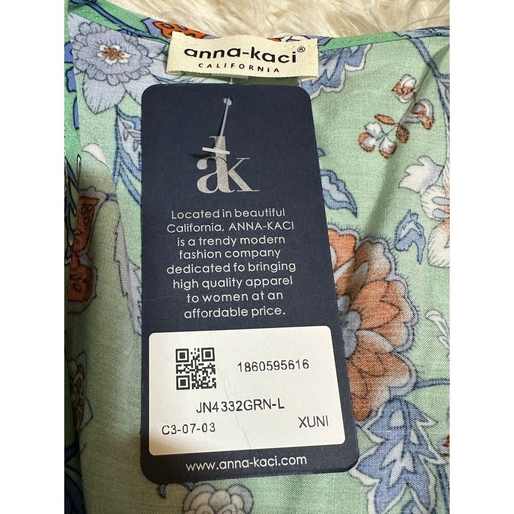 anna-kaci Green Dress Short Sleeve V Neck Knee Length, Floral Boho Sz L NWT - Picture 4 of 12